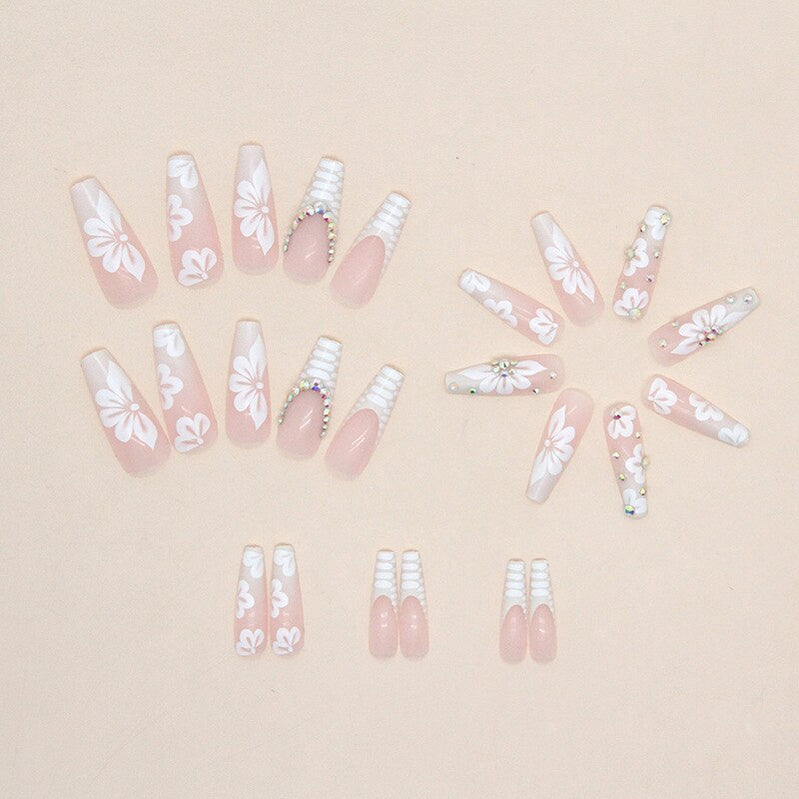 24Pcs Long Ballerina False Nails Press on Nails Serpentine Flower with Rhinestones French Fake Nails Wearable White Nails Tips