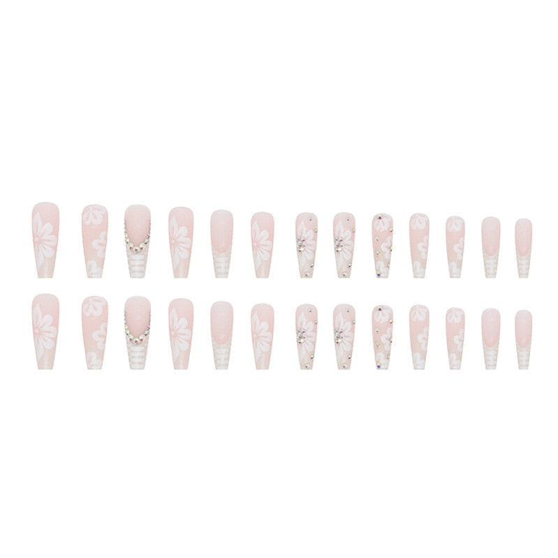 24Pcs Long Ballerina False Nails Press on Nails Serpentine Flower with Rhinestones French Fake Nails Wearable White Nails Tips