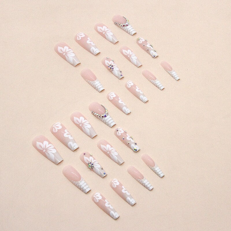 24Pcs Long Ballerina False Nails Press on Nails Serpentine Flower with Rhinestones French Fake Nails Wearable White Nails Tips