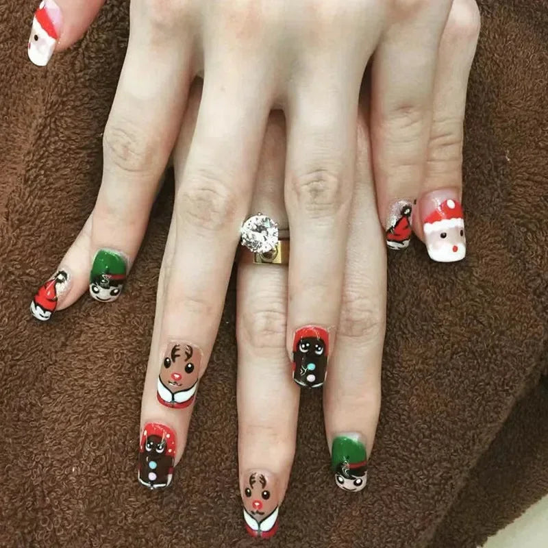 24Pcs Long Ballet Christmas False Nails Wearable Xmas pattern Fake Nails Elk Santa Claus snowflakes Full Cover Press on Nail Tip 2