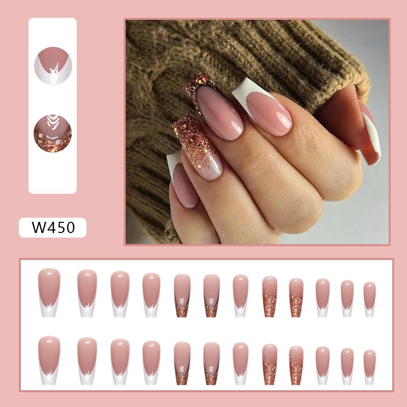 24Pcs Long Coffin False Nails Gold Glitter Sequins Designs Press On Full Cover Fake Nails Tips Wearable Manicure Art Accessories D6