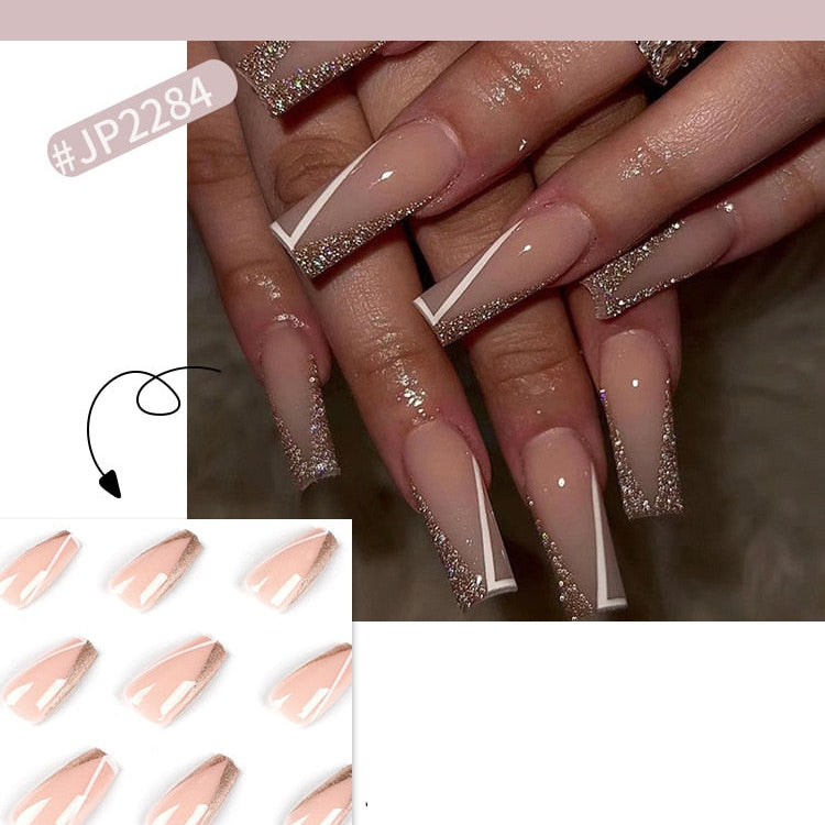 24Pcs Long Coffin False Nails Gold Glitter Sequins Designs Press On Full Cover Fake Nails Tips Wearable Manicure Art Accessories D2