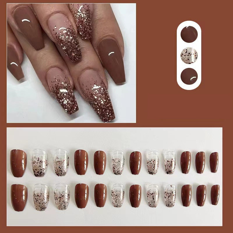 24Pcs Long Coffin False Nails Gold Glitter Sequins Designs Press On Full Cover Fake Nails Tips Wearable Manicure Art Accessories B9