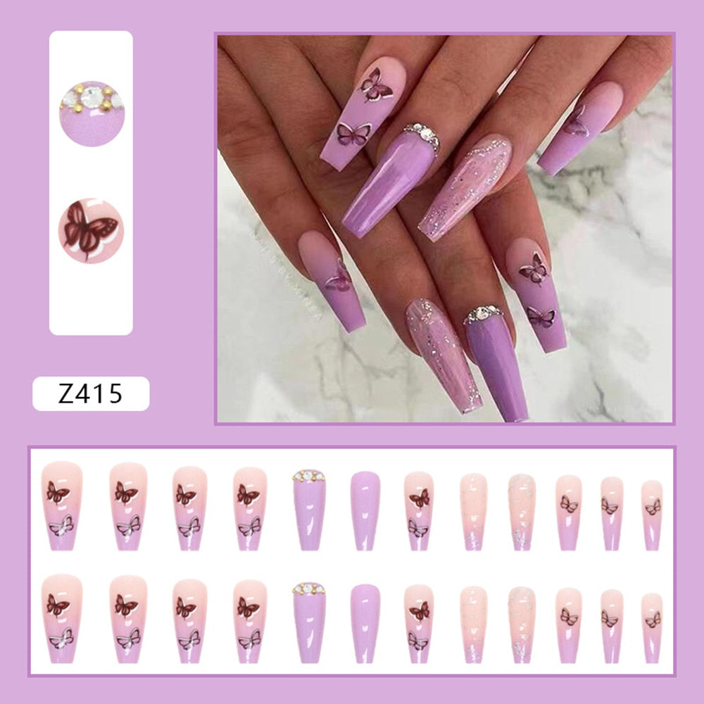 24Pcs Long Coffin False Nails Gold Glitter Sequins Designs Press On Full Cover Fake Nails Tips Wearable Manicure Art Accessories B4