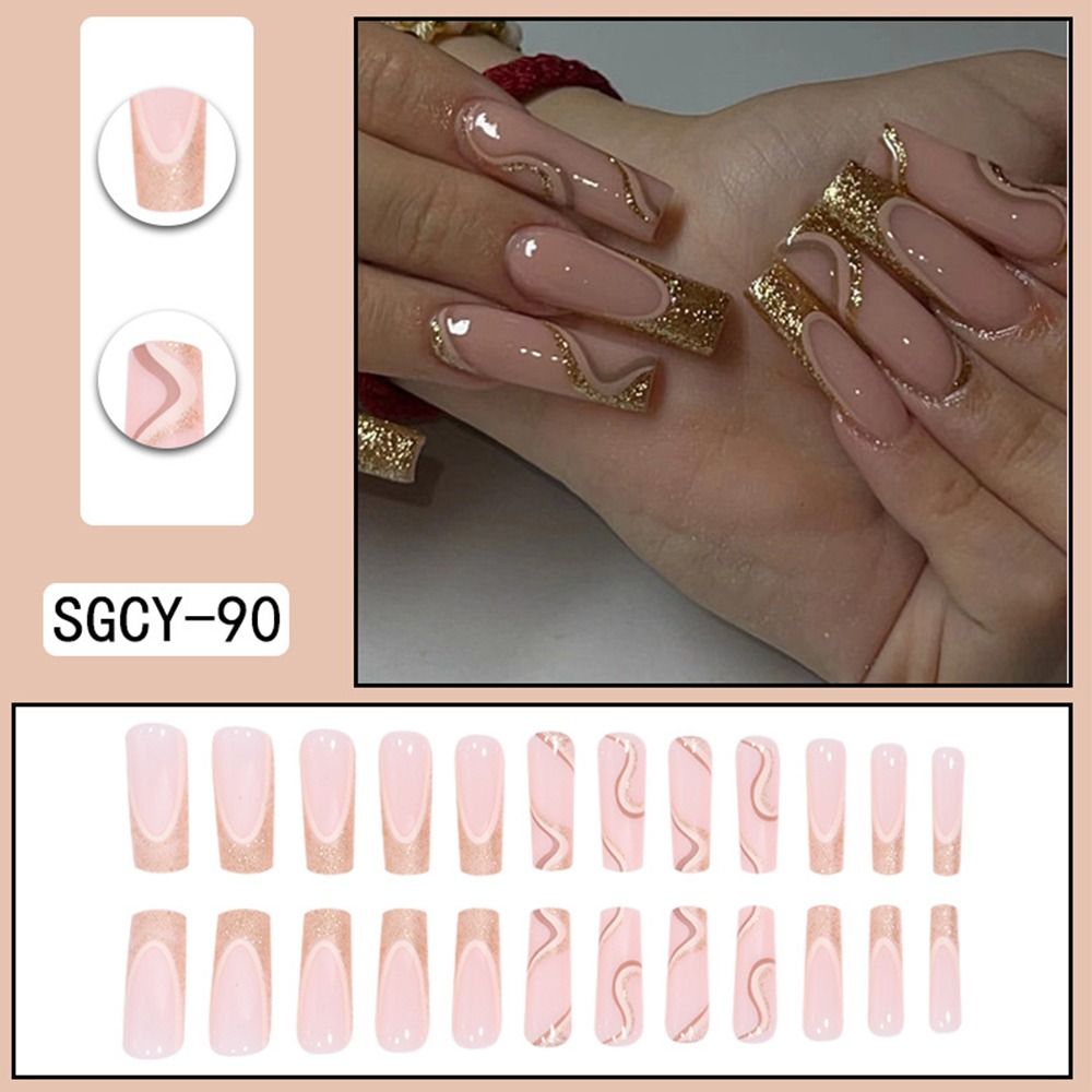 24Pcs Long Coffin False Nails Gold Glitter Sequins Designs Press On Full Cover Fake Nails Tips Wearable Manicure Art Accessories C5