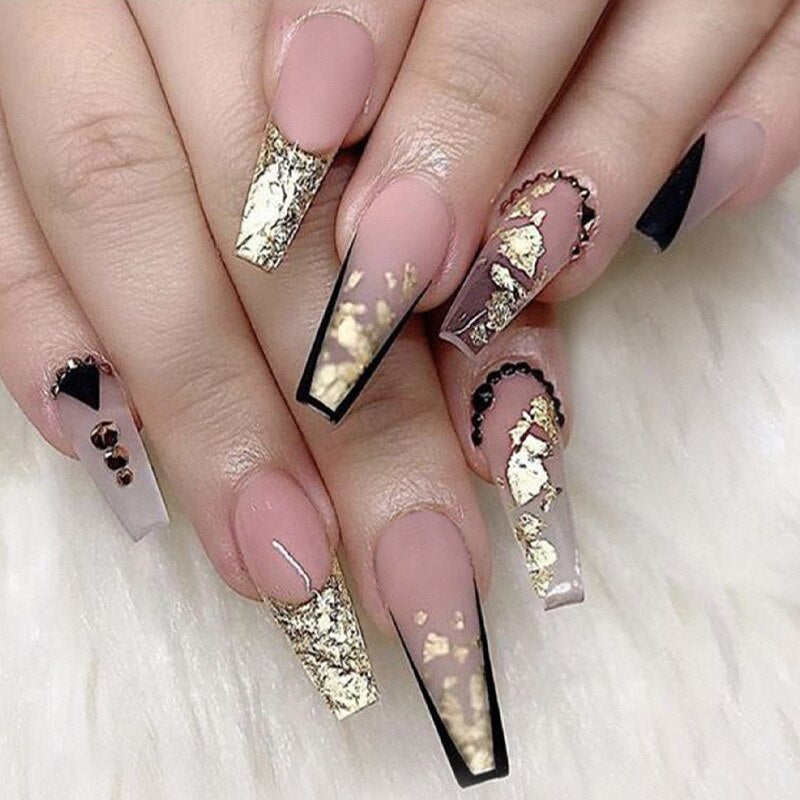 24Pcs Long Coffin False Nails with Glue Wearable Brown Fake Nails with Rhinestones Ballet Press on Nails Full Cover Nail Tips 1220