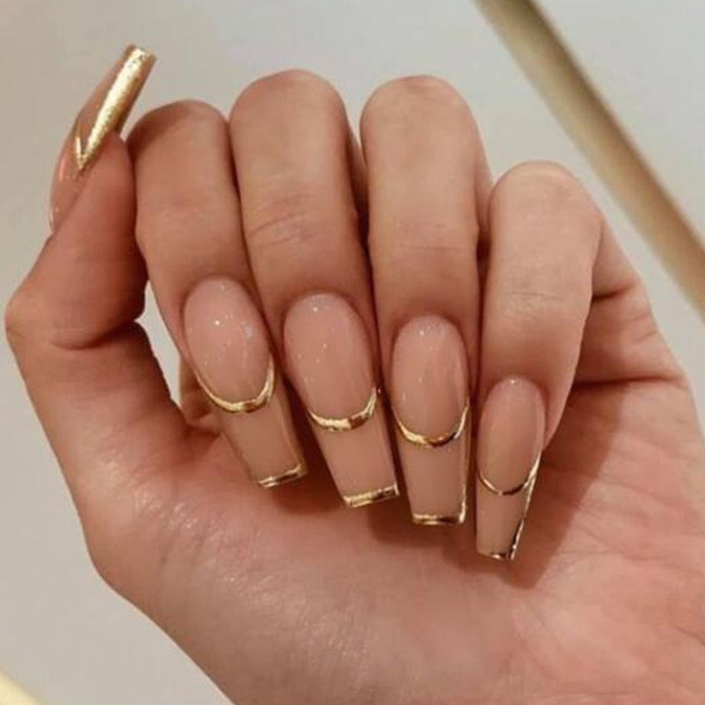 24Pcs Long Coffin False Nails with Glue Wearable Brown Fake Nails with Rhinestones Ballet Press on Nails Full Cover Nail Tips 86
