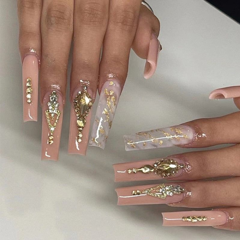 24Pcs Long Coffin False Nails with Glue Wearable Brown Fake Nails with Rhinestones Ballet Press on Nails Full Cover Nail Tips 1721