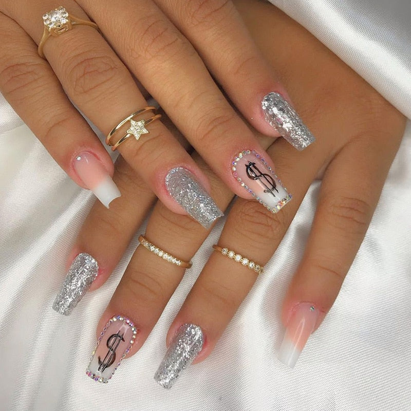 24Pcs Long Coffin False Nails with Glue Wearable Brown Fake Nails with Rhinestones Ballet Press on Nails Full Cover Nail Tips 608
