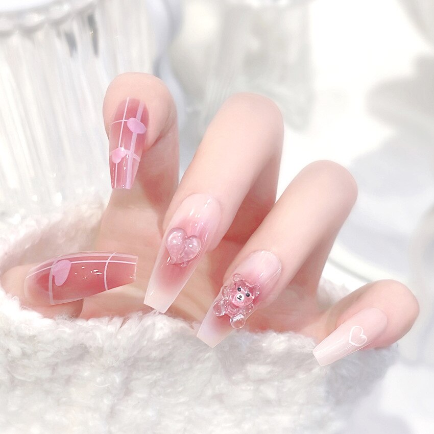 24Pcs Long Coffin Square False Nails Ballet Fake Nails Press on Nails Black Heart Rhinestone Design Glitter Full Cover Nail Tips A42