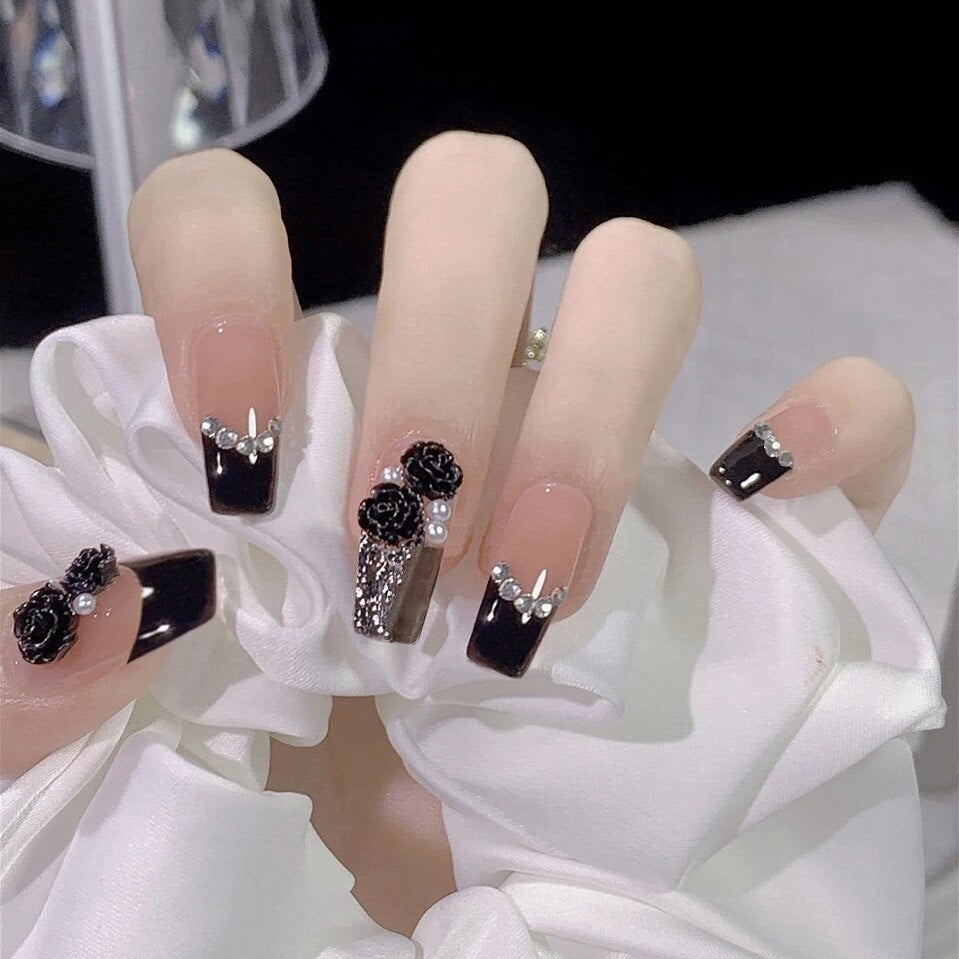 24Pcs Long Coffin Square False Nails Ballet Fake Nails Press on Nails Black Heart Rhinestone Design Glitter Full Cover Nail Tips 147