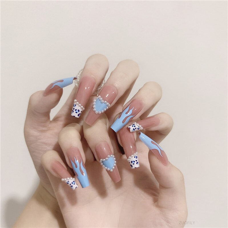 24Pcs Long Love Bow Design French Style Fake Nails Cute Flowers Blue Flame Detachable Press on False Nail Tips Manicure Nail Art JP1202