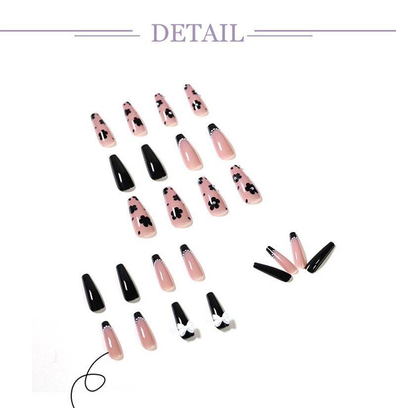 24Pcs Long Love Bow Design French Style Fake Nails Cute Flowers Blue Flame Detachable Press on False Nail Tips Manicure Nail Art