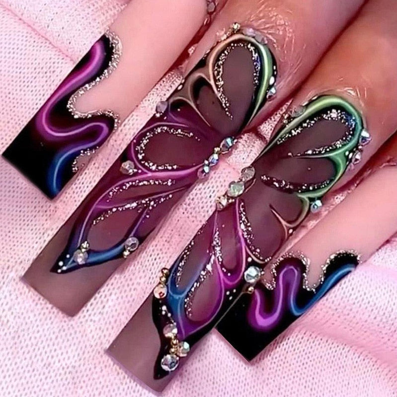 24Pcs Long Square Press on Nails Love Pattern Design Artifical Coffin False Nail Brown French Wearable Full Cover Fake Nail Tips 1650