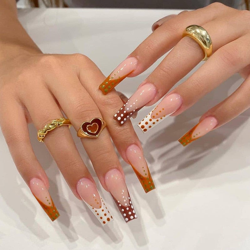 24Pcs Marble Gradient Long Coffin False Nails Full Cover Nail Tips Press Glue Detachable Wearable Gold Foil Ballerina Fake Nails JP1435-24Pcs-Set