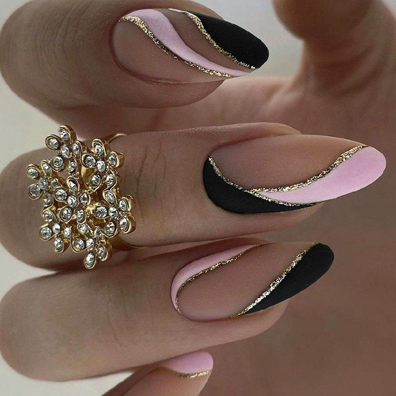 24Pcs Pink Almond False Nails Shiny Golden Ripples Stiletto Fake Nails Detachable Oval Full Cover Press on Nails Tips Manicure 1768