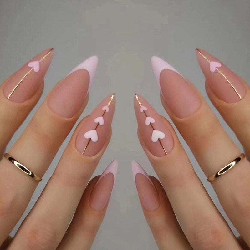 24Pcs Pink Almond False Nails Shiny Golden Ripples Stiletto Fake Nails Detachable Oval Full Cover Press on Nails Tips Manicure 312