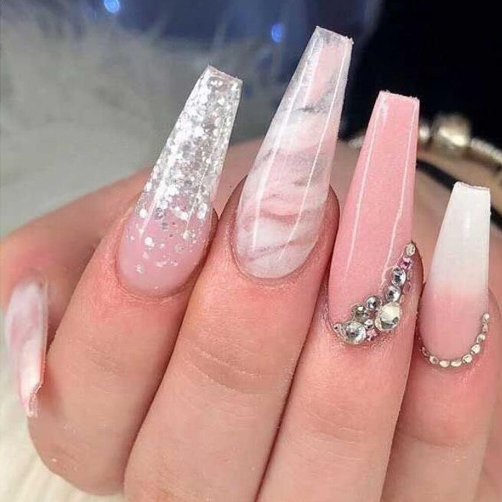 24Pcs Pink French False Nails French with Rhinestone Acrylic Fake Nail Tips Detachable Coffin Press on Nails Full Cover Manicure 151