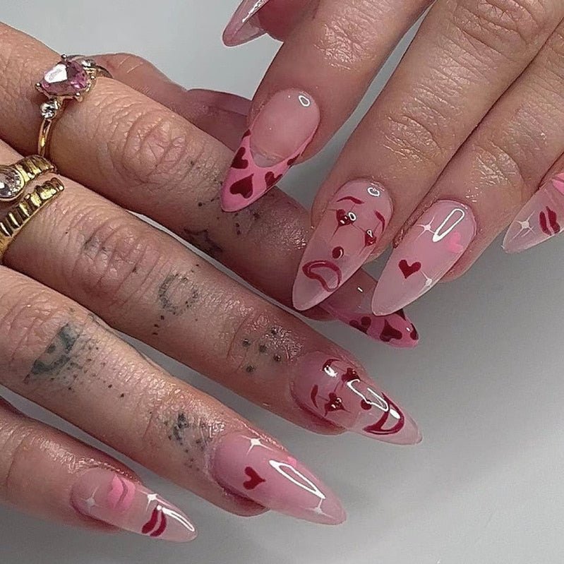 24Pcs Pink Round Head Almond Fake Nails with Heart Shape Rhinestone Wearable Ballerina False Nail Tips Full Cover Press on Nail 2416