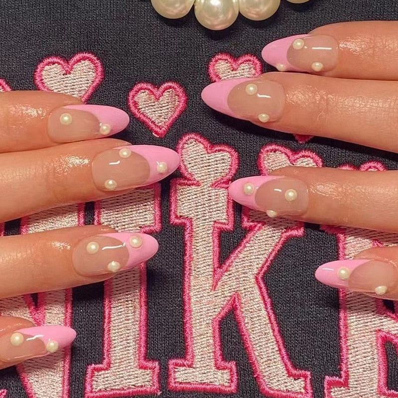 24Pcs Pink Round Head Almond Fake Nails with Heart Shape Rhinestone Wearable Ballerina False Nail Tips Full Cover Press on Nail 2378
