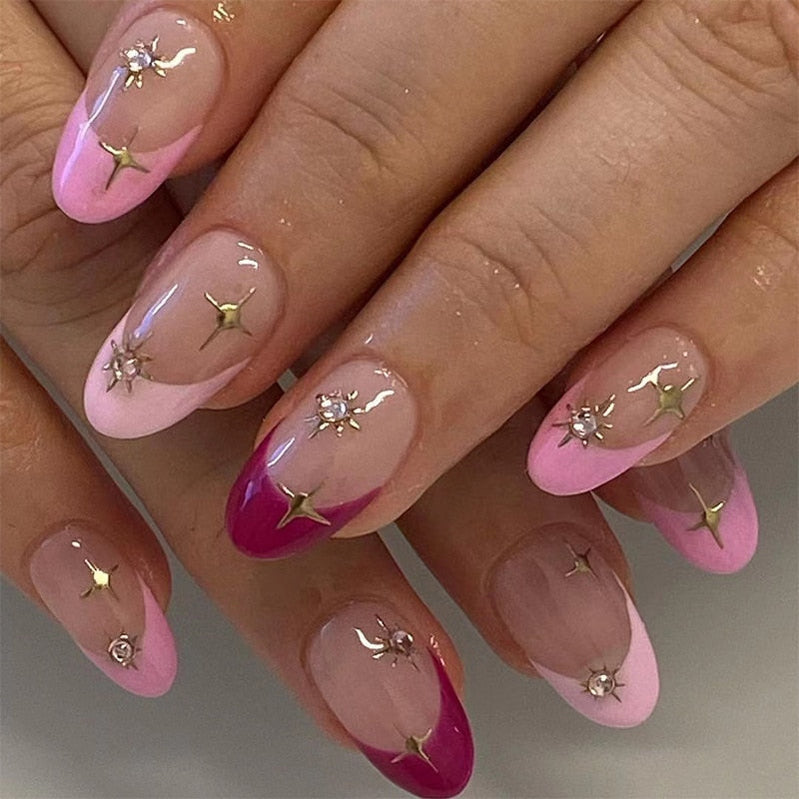 24Pcs Pink Round Head Almond Fake Nails with Heart Shape Rhinestone Wearable Ballerina False Nail Tips Full Cover Press on Nail 2409