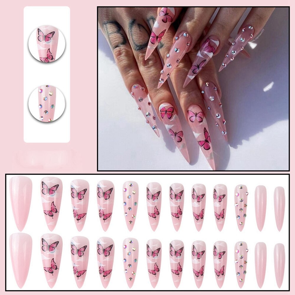 24Pcs Press On Nails Long Stiletto False Nails With Glue Pink Butterfly Cloud Rhinestones Design Acrylic Fake Nail Detachable AA1