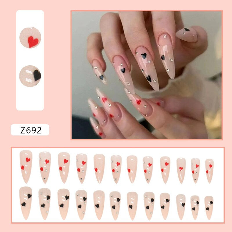 24Pcs Press On Nails Long Stiletto False Nails With Glue Pink Butterfly Cloud Rhinestones Design Acrylic Fake Nail Detachable Z692