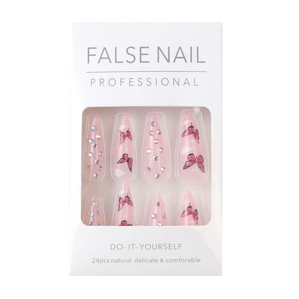 24Pcs Press On Nails Long Stiletto False Nails With Glue Pink Butterfly Cloud Rhinestones Design Acrylic Fake Nail Detachable