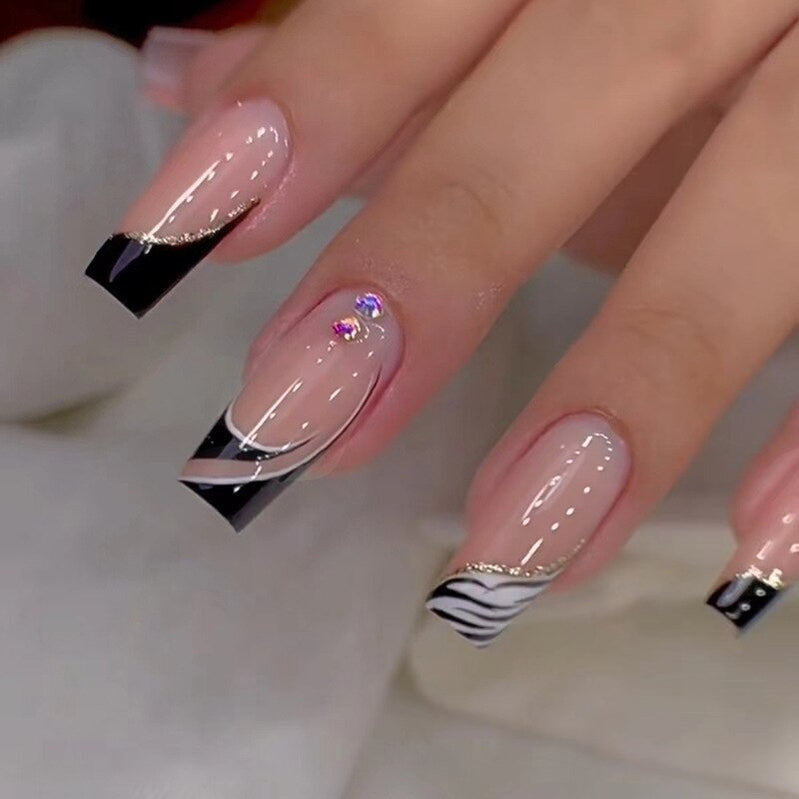 24Pcs Press On Nails Wearable Fake Nails Pink Gradient Glitter Butterfly Rhinestones False Nail Full Cover Acrylic Nail Tips A1