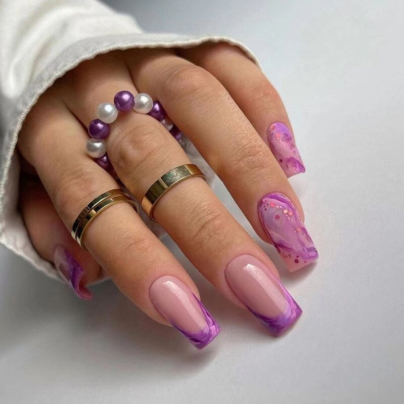 24Pcs Purple Y2K Press on Nails Star Diamond Designs Full Cover Fake Nails Long Coffin Acrylic False Nails for Women 2023 New YA-05