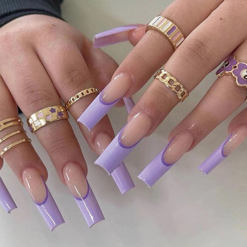 24Pcs Purple Y2K Press on Nails Star Diamond Designs Full Cover Fake Nails Long Coffin Acrylic False Nails for Women 2023 New YA-08