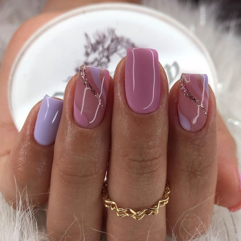 24Pcs Purple Y2K Press on Nails Star Diamond Designs Full Cover Fake Nails Long Coffin Acrylic False Nails for Women 2023 New YA-19