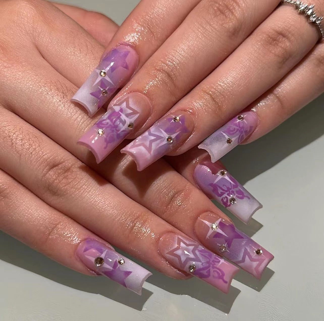 24Pcs Purple Y2K Press on Nails Star Diamond Designs Full Cover Fake Nails Long Coffin Acrylic False Nails for Women 2023 New YA-01