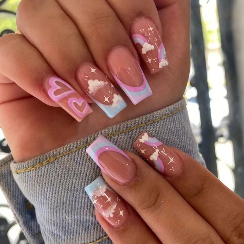 24Pcs Rose Red Black Contrast Color False Nails Coconut Tree Pearl White French Fake Nails Ballerina Coffin Manicure Tool 27