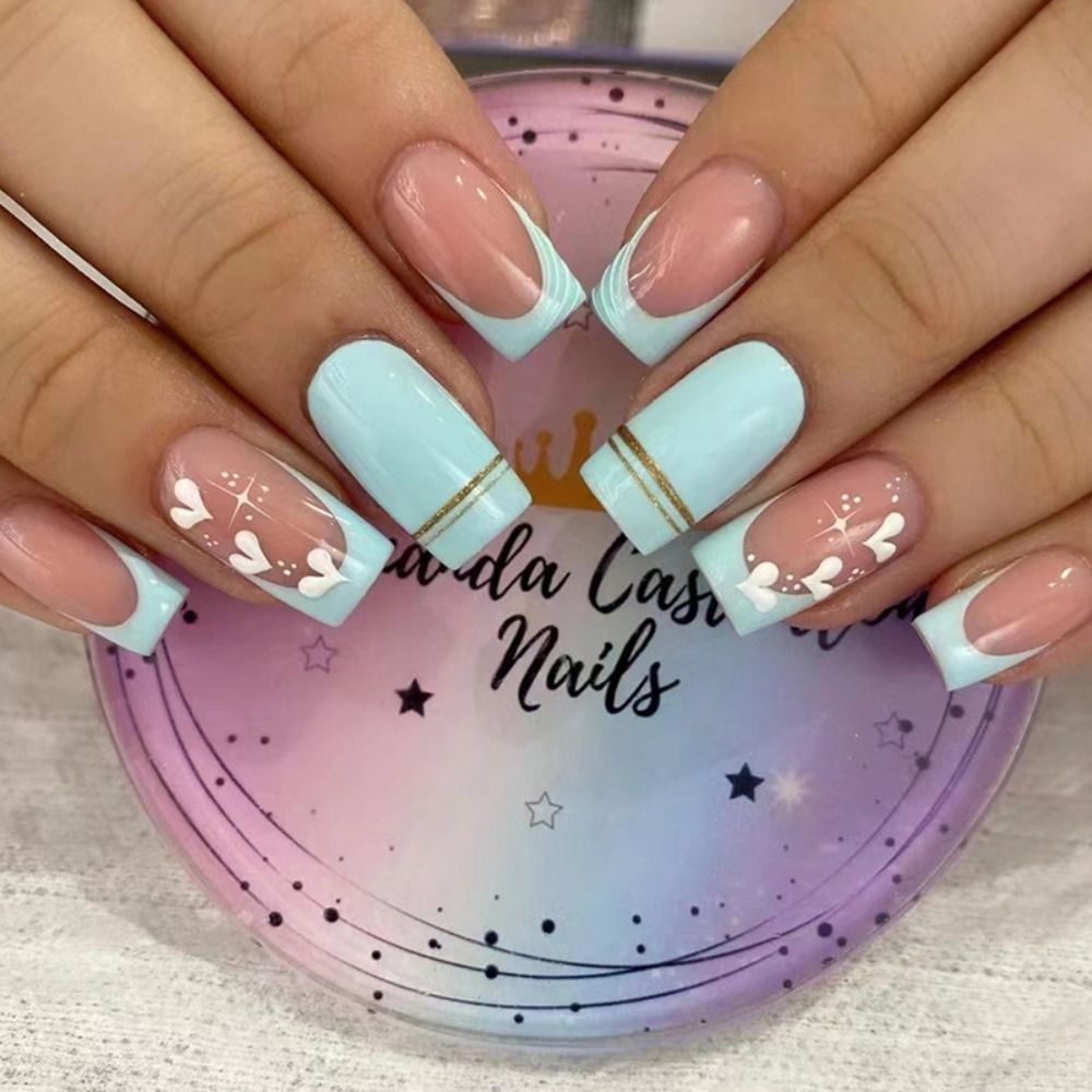 24Pcs Rose Red Black Contrast Color False Nails Coconut Tree Pearl White French Fake Nails Ballerina Coffin Manicure Tool 15