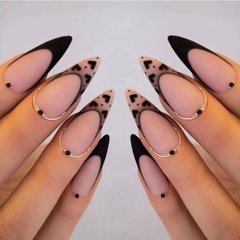 24Pcs Short Almond French False Nails Full Cover Artificial Fake Nails Press on Nails Tips Reusable Adhesive False Nails JP1797