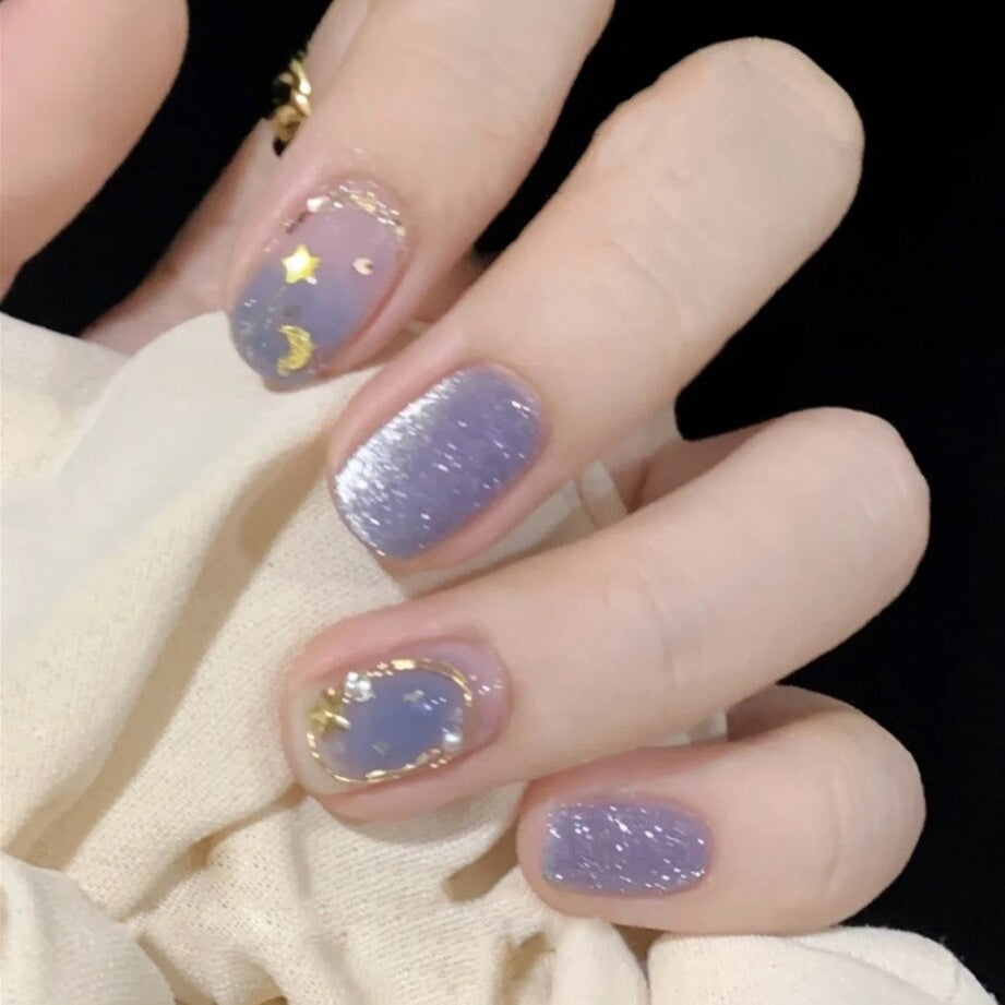 24Pcs Short Square Head False Nails Wearable Cat eye Glitter Sequins Diamond Fake Nails Full Cover Nail Tips Press On Nails