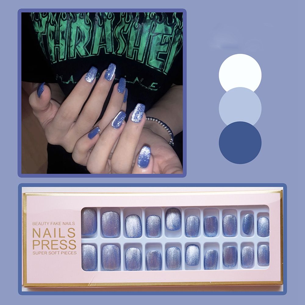 24Pcs Short Square Head False Nails Wearable Cat eye Glitter Sequins Diamond Fake Nails Full Cover Nail Tips Press On Nails 4