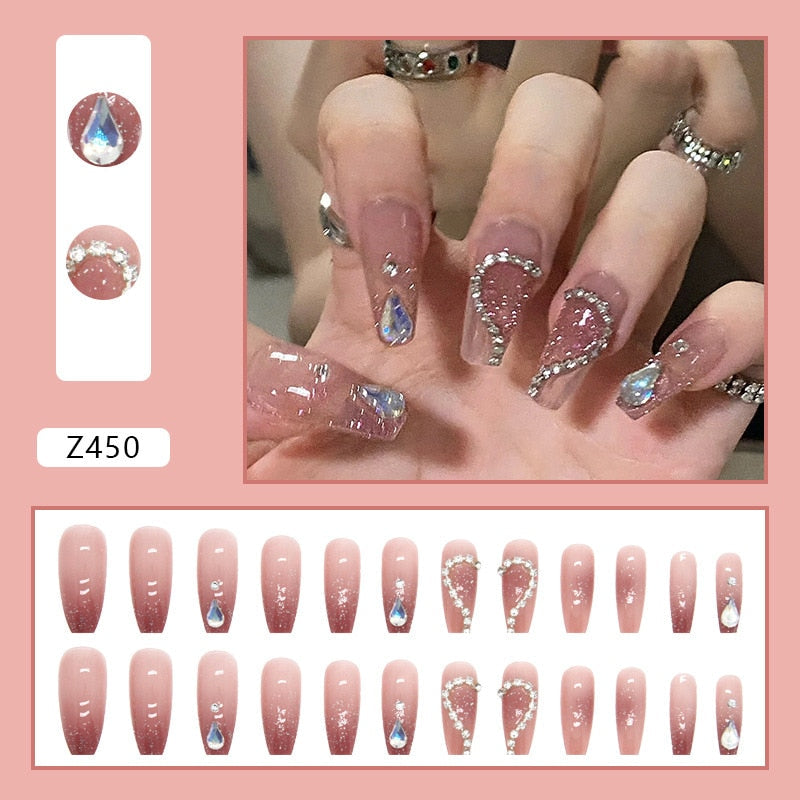 24Pcs Super Shiny False Nails 3D Drop Diamond y2k Mid-length Coffin Ballet Fake Nails Full Finished Fake Nail Patches For Girls 1