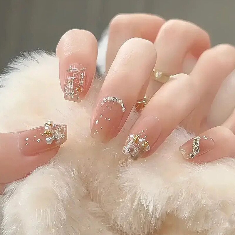 24Pcs Three-dimensional Love Heart False Nails with French Design Long Coffin Wearable Fake Nails Rhinestone Press on Nails Tips 15233