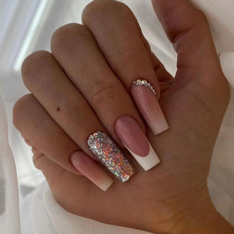 24Pcs White Long Coffin False Nails Glitter Ballet Wearable with French Design Fake nails Full Press on Nail Ins Nail Tips Art 652