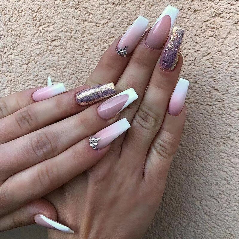 24Pcs White Long Coffin False Nails Glitter Ballet Wearable with French Design Fake nails Full Press on Nail Ins Nail Tips Art 648