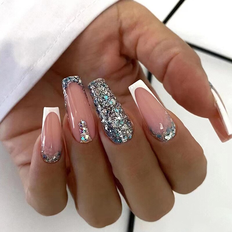 24Pcs White Long Coffin False Nails Glitter Ballet Wearable with French Design Fake nails Full Press on Nail Ins Nail Tips Art 653