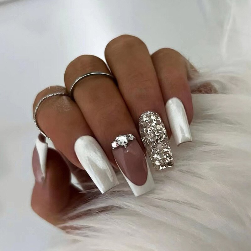 24Pcs White Long Coffin False Nails Glitter Ballet Wearable with French Design Fake nails Full Press on Nail Ins Nail Tips Art 579