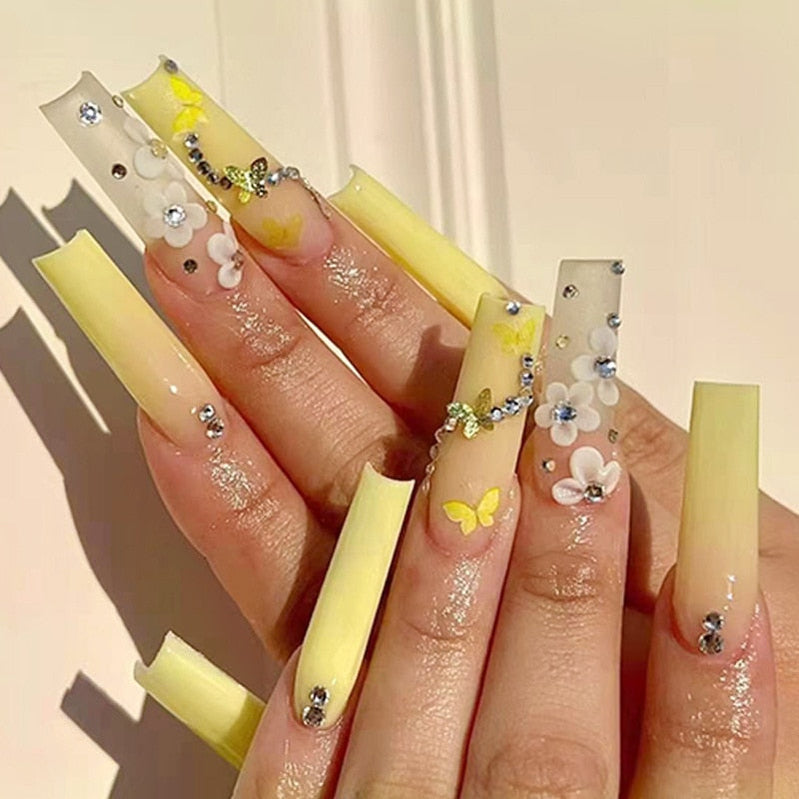 24Pcs Yellow False Nails Long Coffin Flower Butterfly with Rhinestones French Design Wearable Fake Nails Press on Nails Tips 421