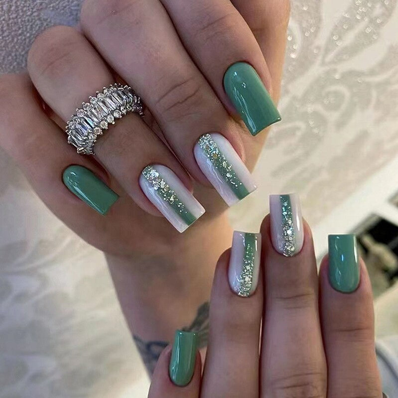 24Pcs Yellow False Nails Long Coffin Flower Butterfly with Rhinestones French Design Wearable Fake Nails Press on Nails Tips 538