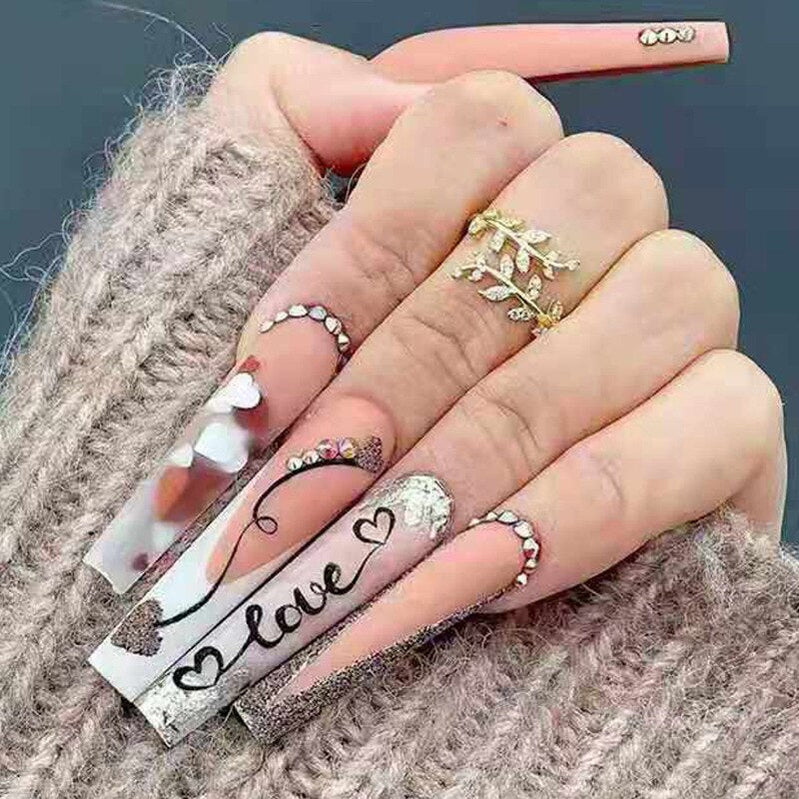 24Pcs Yellow False Nails Long Coffin Flower Butterfly with Rhinestones French Design Wearable Fake Nails Press on Nails Tips 333