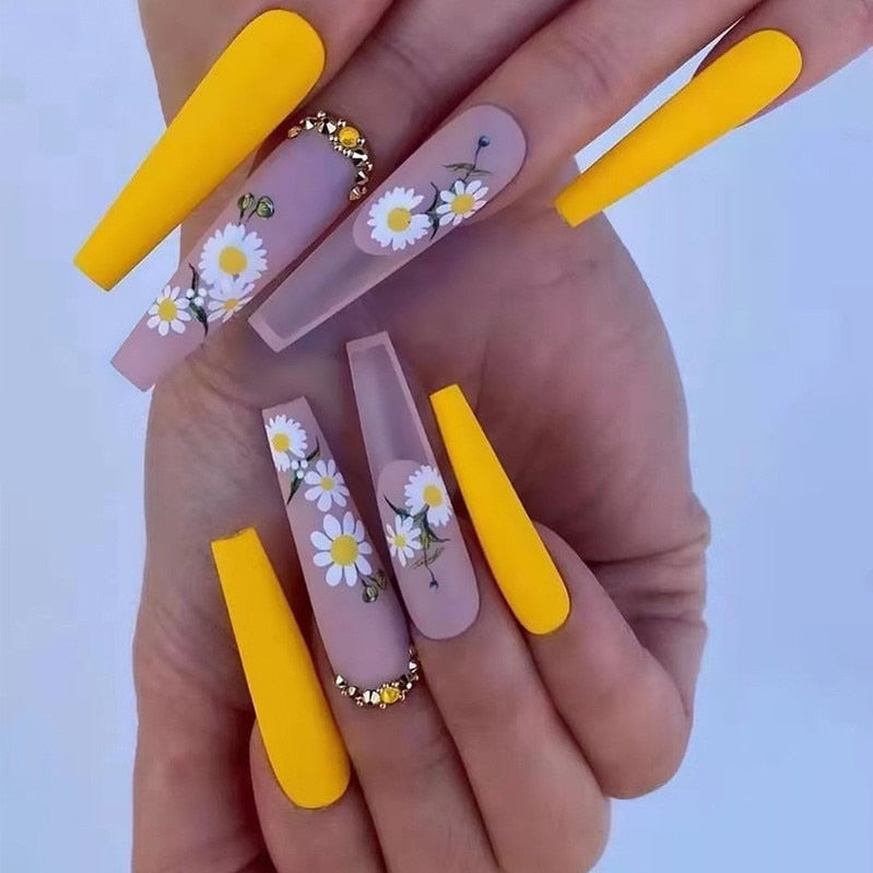 24Pcs Yellow False Nails Long Coffin Flower Butterfly with Rhinestones French Design Wearable Fake Nails Press on Nails Tips 1964