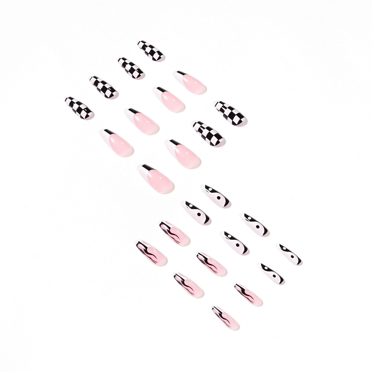 24p Black and White Flame Yin Yang Chessboard Pink Ballet Fake Nail Coffin Full Cover Artificial False Nails Press on Nail Art