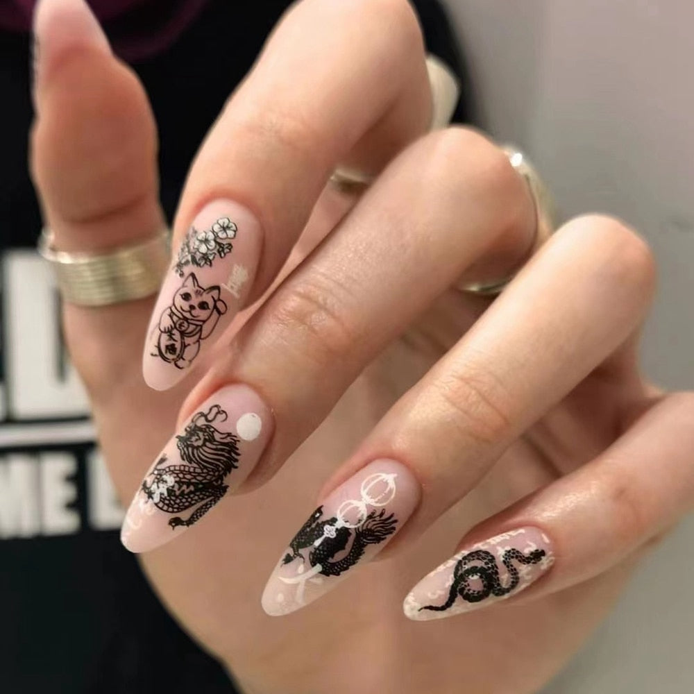 24pc/Box press on nails halloween Dark black Punk Ghost head tip nail pre design acrylic nail tip Full Cover Fake Nail A6